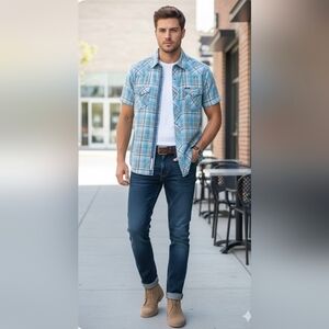 Southern Thread Blue Plaid Snap Buttons  Shirt Man's Size L